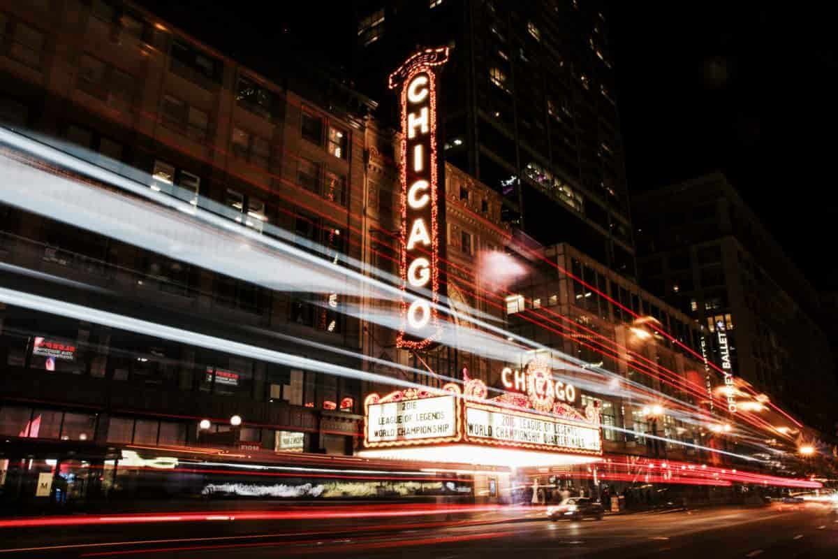 Chicago at night with the Iconic sign on the Chicago Theater on North State Street in Chicago. The famous Chicago Theater on State Street.