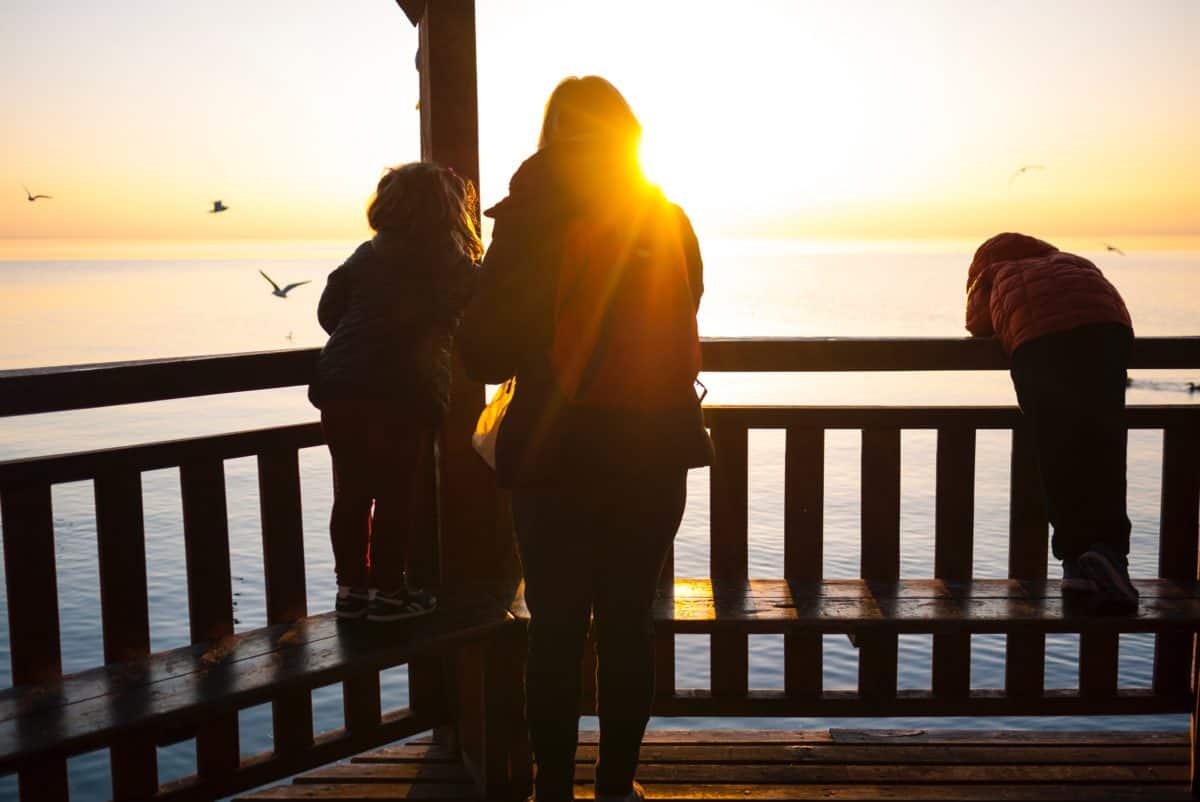 children play on a wooden structure with an adult in the late afternoon sun