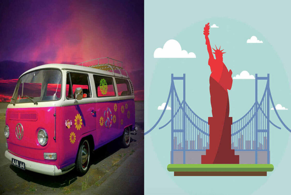 Image split in 2, in the right a VW ban painted in purple color and in the left an icon of the State of liberty painted in red.
