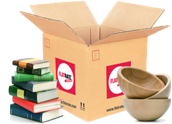 A book box with a stack of books and bowls