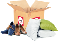 A small linen box with shoes and pillows
