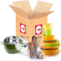 A china box with bows, plates, cups, and utensils
