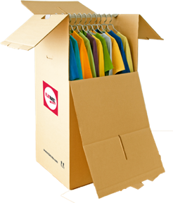 A wardrobe box with clothes inside