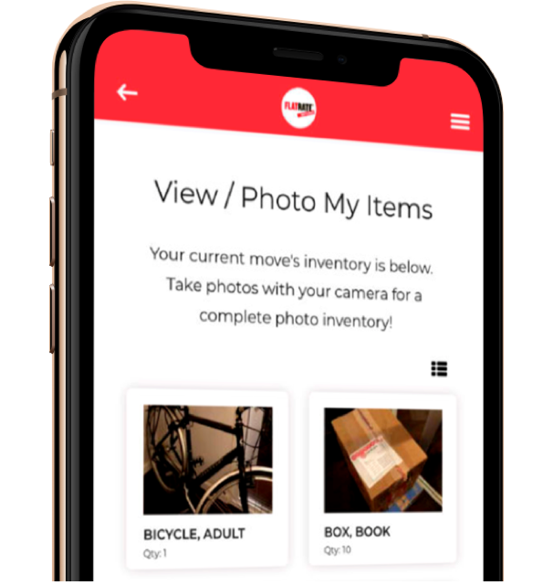 A phone displays the photo gallery in the FlatRate app