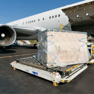 A package sits outside an airplane
