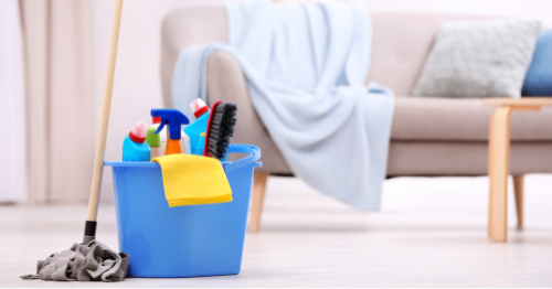 Cleaning products sit in a living room