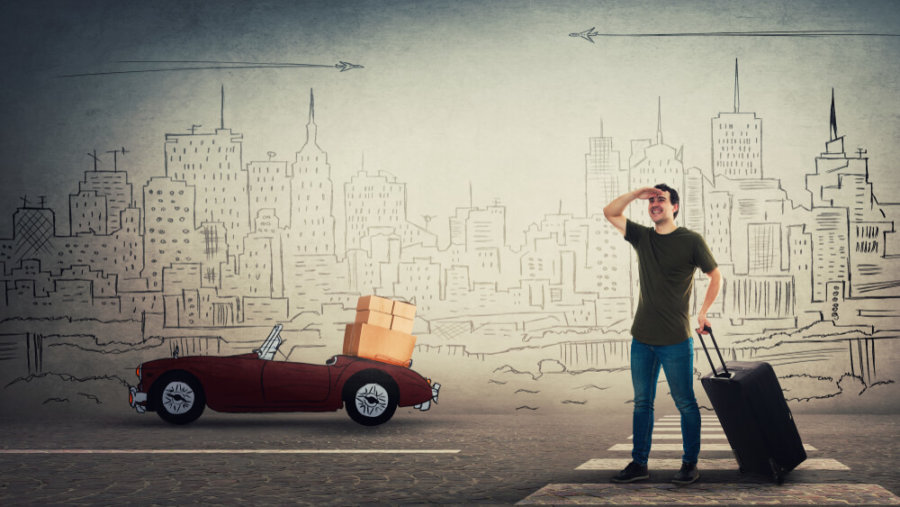 man with suitcase and boxes at big city sketch background