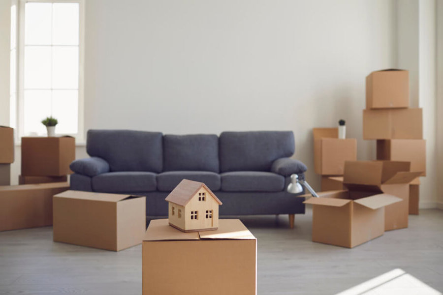 moving boxes and sofa move planning
