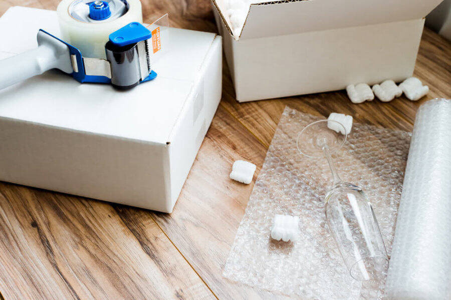 Packing glasses with bubble roll