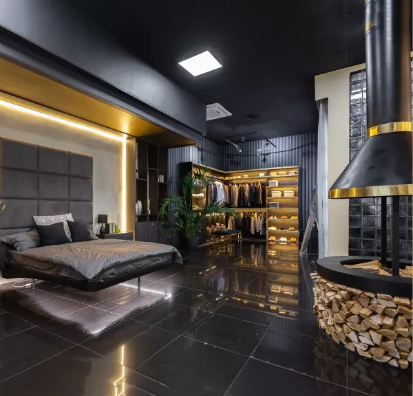 Dark and golden Luxury Master bed room