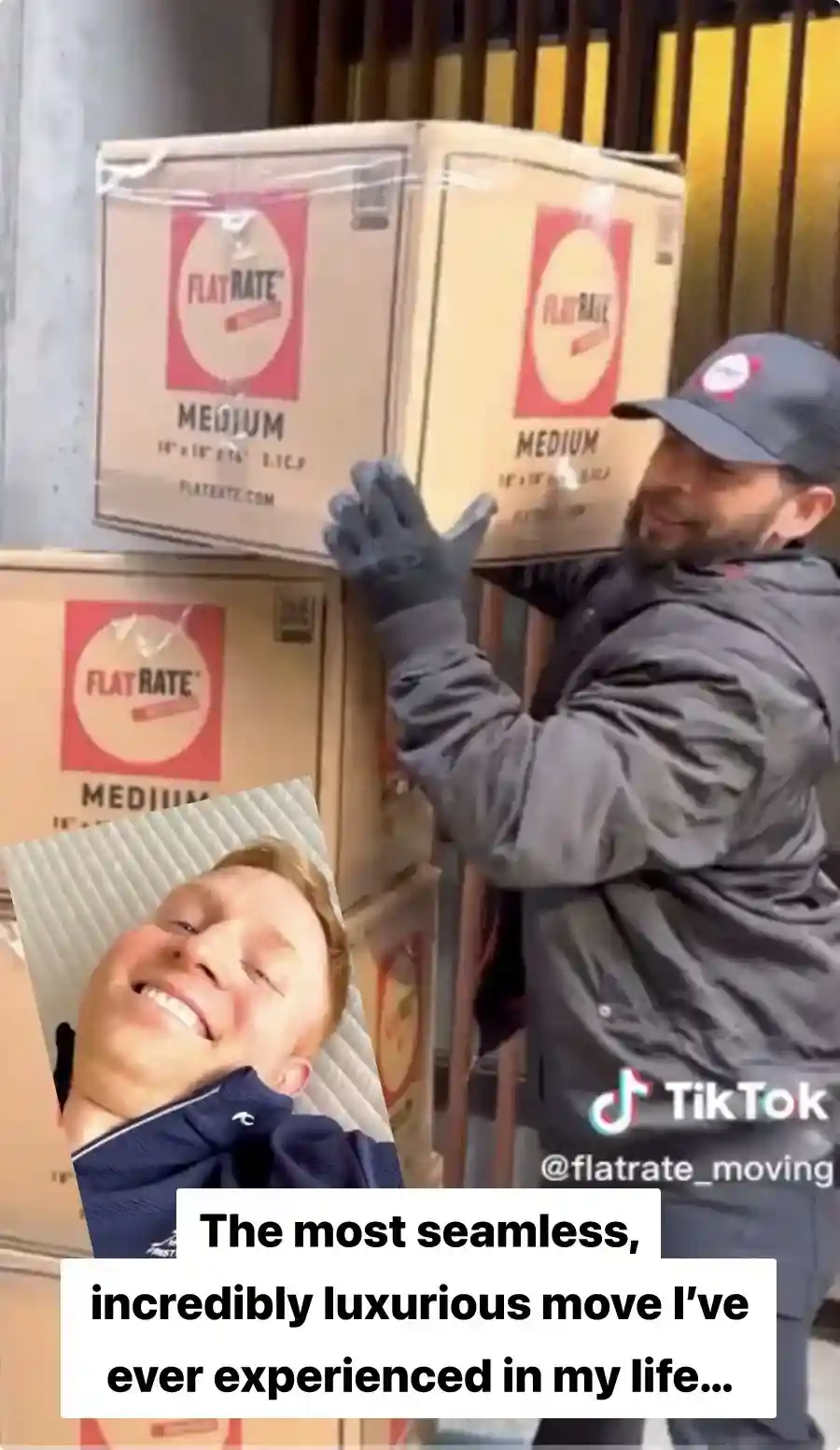 Man with a blue t-shirt thanking the Flatrate mover before finishing all the move.